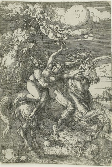 The Abduction of Proserpine on a Unicorn, 1516, Albrecht Dürer, German, 1471-1528, Germany, Etching in black on off-white laid paper, 314 x 212 mm