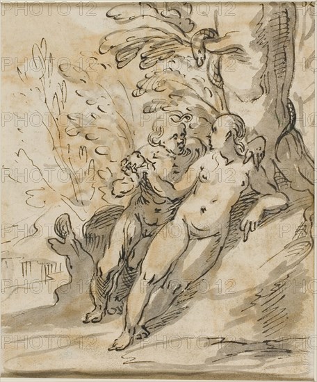 Adam and Eve Under a Tree (recto), Two Men in Dispute (verso), 1610/20 (recto), 1616/21 (verso), Hermann Weyer, German, c. 1596-1621, Germany, Pen and black ink, with brush and gray and brown wash, heightened with white gouache, on cream laid paper, 184 x 156 mm