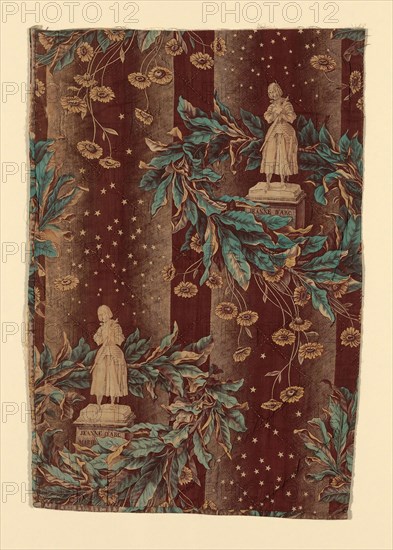 Jeanne d’Arc (Joan of Arc)(Furnishing Fabric), 1839/40, After a sculpture by Marie Christine d’Orléans (French, 1813–1839), France, Alsace, France, Cotton, plain weave, engraved roller and block printed, quilted, 50.5 × 34.3 cm (19 7/8 × 13 5/8 in.)