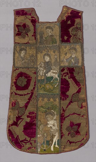 Chasuble Front with Orphrey Cross, Chasuble: 15th century, Orphrey Cross: 1401/50, Chasuble: Italy, Florence, Orphrey Cross: Bohemia or Germany, Florence, Chasuble: silk and metal-wrapped thread, brocaded silk velvet with two heights of silk pile, and metal-wrapped threat boucle., Chasuble: 126.6 × 70.5 cm (49 7/8 × 27 3/4 in.)