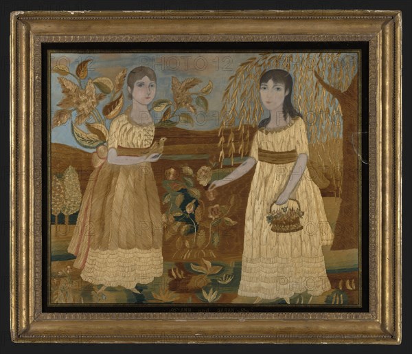 Picture Depicting Ann and Sarah (Needlework), early 19th century, United States, probably New York, New York, Silk, plain weave, painted, embroidered with silk in satin and stem stitches, French knots, 53 x 65.1 cm (20 7/8 x 25 5/8 in.)