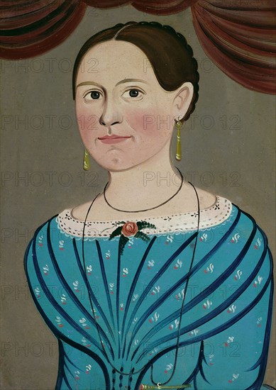 Woman in a Blue Dress, c. 1840, School of William Matthew Prior, American, 1806–1873, United States, Oil on academy board, 34.9 × 25.1 cm (13 3/4 × 9 7/8 in.)