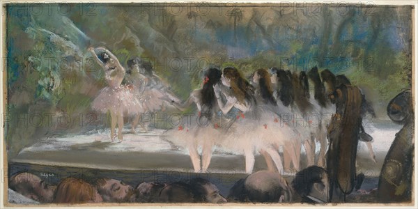 Ballet at the Paris Opéra, 1877, Edgar Degas, French, 1834-1917, France, Pastel over monotype on cream laid paper, 352 × 706 mm (plate), 359 × 719 mm (sheet)
