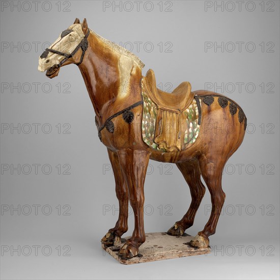 Horse, Tang dynasty, (A.D. 618–907), 1st half of 8th century, China, Earthenware with three-color (sancai) lead glazes, 77.5 × 71.5 cm (30 1/2 × 28 × 10 in.)