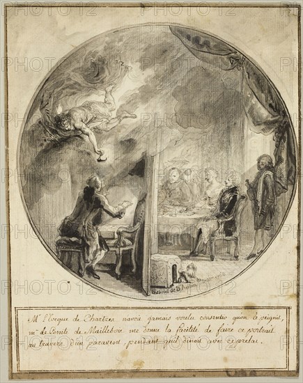 Gabriel de Saint-Aubin Executing the Portrait of the Bishop of Chartres, 1768, Gabriel Jacques de Saint-Aubin, French, 1724-1780, France, Pen and black ink, and brush and gray wash, with graphite, on ivory laid paper, 233 × 184 mm