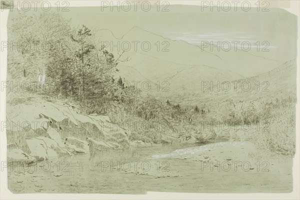 River Stream with Mountains in the Distance, 1856/92, Alexander Helwig Wyant, American, 1836-1892, United States, Brown charcoal heightened with white chalk and touches of brush and white gouache, on green wove paper, 297 x 457 mm