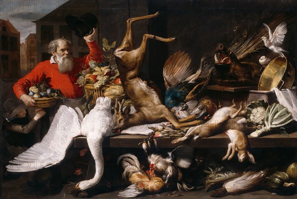 Still Life with Dead Game, Fruits, and Vegetables in a Market, 1614, Frans Snyders, Flemish, 1579-1657, Flanders, Oil on canvas, 212 × 308 cm (83 1/2 × 121 1/4 in. )