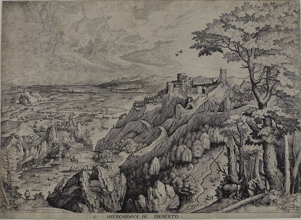Saint Jerome in the Desert, c. 1553, Hieronymus Cock (Flemish, c. 1510-1570), after Pieter Bruegel the elder (Flemish, 1525/30-1569), Flanders, Etching and engraving on ivory laid paper, 311 × 426 mm