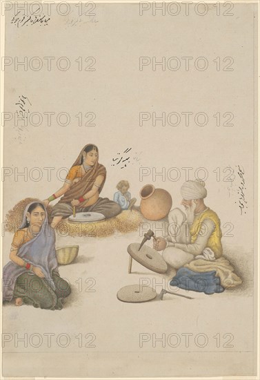Villagers Grinding Corn, page from the Fraser Album, Company School, c. 1820, India, Delhi, India, Opaque watercolor on paper, 31.1 x 21.3 cm (12 1/4 x 8 3/8 in.)