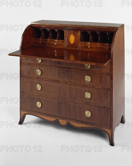 Cylinder Desk, 1785/93, John Bankston, American, 1754–1814, Richard Lawson, English, 1749–1803, Baltimore, Baltimore, Mahogany, mahogany and satinwood veneers, and tulip wood, 112.3 × 107.2 × 52.3 cm (44 1/4 × 42 1/4 × 20 5/8 in.)