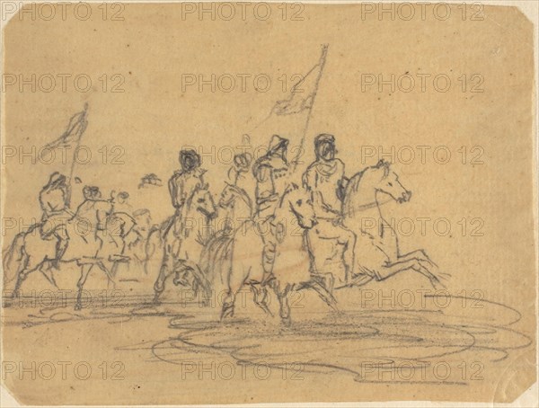 Sketch for Redon’s first etching, The Ford (M. 2), 1865, Odilon Redon, French, 1840-1916, France, Graphite on cream tracing paper, discolored to tan, laid down on cream laid paper, 87 × 114 mm