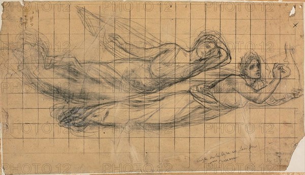 Two Flying Figures with a Lyre (Study for The Sacred Grove, Beloved of the Arts and the Muses), c. 1883, Pierre Puvis de Chavannes, French, 1824-1898, France, Graphite and charcoal, heightened with touches of white chalk, on tan tracing paper, squared in charcoal, laid down on cream wood pulp laminate board, 272 × 477 mm (primary support), 307 × 510 mm (secondary support)