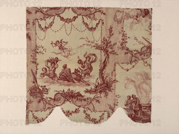 Les Quatre Éléments (The Four Elements) (Furnishing Fabric), c. 1780, Probably after Jean Jacques Lagrenée le Jeune (French, 1739–1821) from engravings by Charles Dupuis (French, 1685–1742) and Louis Desplaces (French, 1682–1739) after Louis de Boullongne le Jeune (French, 1654–1733), Manufactured by Oberkampf Manufactory (French, 1738–1815), France, Jouy-en-Josas, France, Cotton, plain weave, copperplate printed, 64 × 68.3 cm (25 1/4 × 26 7/8 in.)