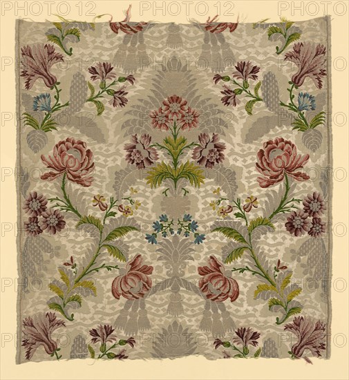 Panel, 1725/75, France, Silk, damask weave with areas of brocading in silk and gilt strip wound around a silk fiber core, 59.7 × 54.7 cm (23 1/2 × 21 1/2 in.)