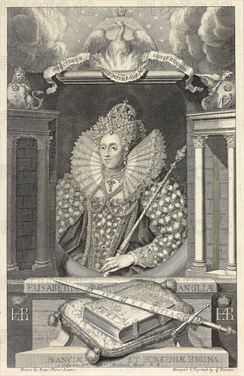 Queen Elizabeth I, 1732, George Vertue (English, 1684-1756), after Issac Oliver, the elder (French, before 1568-1617), England, Engraving in black on ivory laid paper, 279 × 177 mm (image), 289 × 187 mm (plate), 385 × 241 mm (sheet)