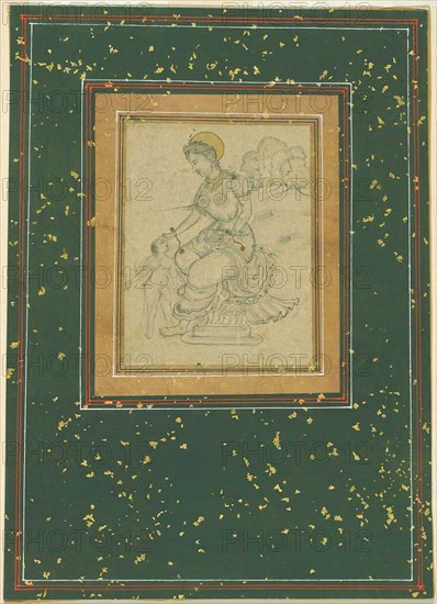 Mother and Child, Mughal period, c. 1625, India, India, Black ink with gold on paper, Image: 9.8 x 7.6 cm (3 7/8 x 3 in.), Outermost border: 23.2 x 16.3 cm (9 1/8 x 6 3/8 in.), Paper: 24.2 x 17.2 cm (9 1/2 x 6 3/4 in.)
