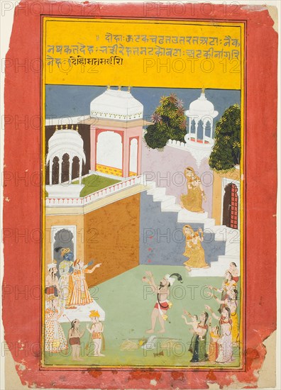 Krishna Watches A Juggler, from a copy of Bihari’s Sat Sai, c. 1750/90, India, Rajasthan, Mewar, India, Opaque watercolor and gold on paper, Image: 31.2 x 17.8 cm (12 1/4 x 7 in.)