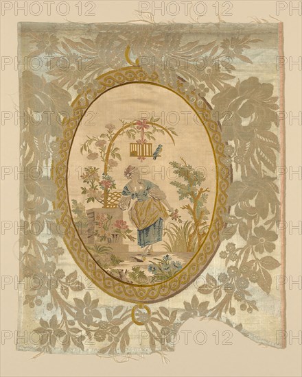 Panel, Louis XVI period, 1750/75, Designed by Philippe de LaSalle (French, 1723–1803/5), France, Lyon, Lyon, Silk, warp float-faced 7:1 satin weave with supplementary binding warps which tie supplementary brocading wefts and ground wefts in plain weave, with inset ovals of silk, warp-float faced 7:1 satin weave with supplementary brocading wefts tied in twill weave by ground warps, seam embroidered in satin stitch, 62.5 x 50.8 cm (24 1/2 x 20 in.)