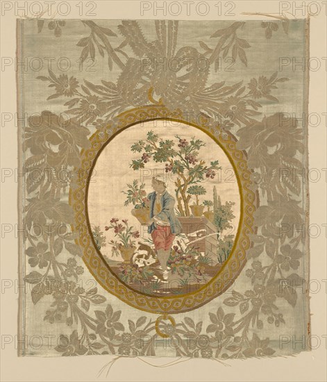 Panel, Louis XVI period, 1750/75, Designed by Philippe de LaSalle (French, 1723–1803/5), France, Lyon, Lyon, Silk, warp float-faced 7:1 satin weave with supplementary binding warps which tie supplementary brocading wefts and ground wefts in plain weave, with inset ovals of silk, warp-float faced 7:1 satin weave with supplementary brocading wefts tied in twill weave by ground warps, seam embroidered in satin stitch, 62.8 x 58.3 cm (24 3/4 x 22 7/8 in.)