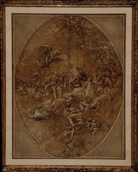 Olympus, 1743/1744, Lorenzo de’ Ferrari, Italian, 1680-1744, France, Brush and brown ink and brown wash, heightened with white gouache, over graphite, on tan laid paper, 900 × 690 mm