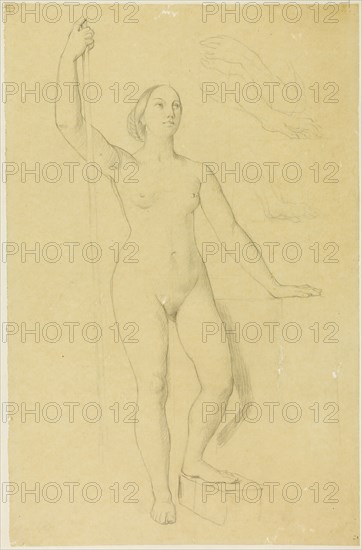 Study for Joan of Arc, and Sketches of Hands, c. 1851, Jean–Auguste–Dominique Ingres, French, 1780–1867, France, Graphite on tan wove tracing paper, laid down on off-white wove paper, laid down on cream board, 447 × 291 mm