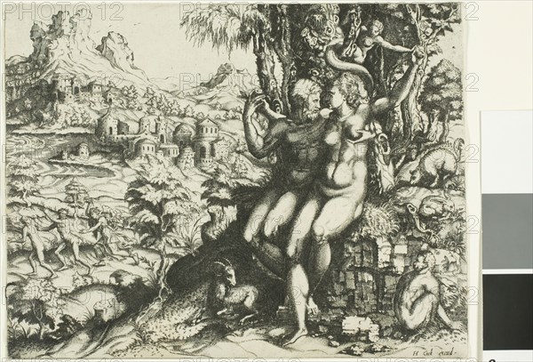 Adam and Eve and the Expulsion from Paradise, 1564, Cornelis Cort, Netherlandish, 1533-before 1578, Holland, Engraving on ivory laid paper, 185 x 241 mm (trimmed within platemark)