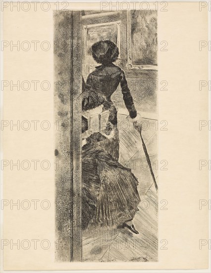 Mary Cassatt at the Louvre: The Paintings Gallery, 1879–80, Edgar Degas, French, 1834-1917, France, Etching, soft ground etching, aquatint, and drypoint on cream wove paper, 306 × 126 mm (image/plate), 320 × 249 mm (sheet)