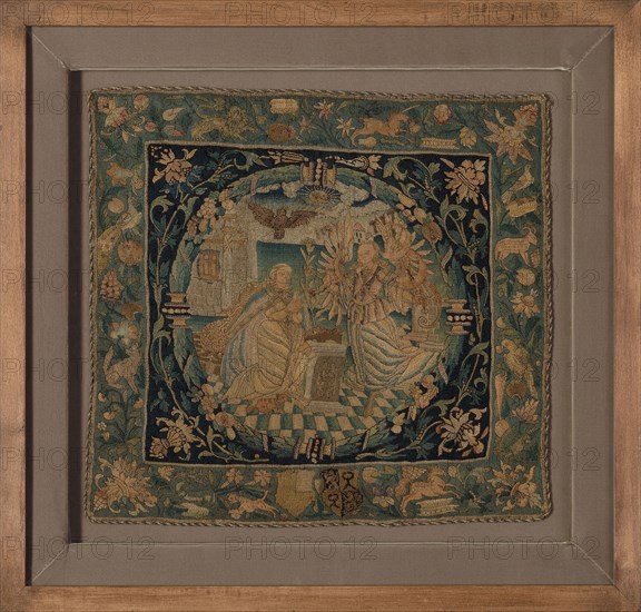 Pillow Cover (Depicting the Annunciation), 1550/1600, Southern Germany (Swabia) or Switzerland, Switzerland, Linen, plain weave, embroidered with wool and silk in satin stitches, laid work and couching, 48.9 x 52 cm (19 1/4 x 20 1/2 in.)