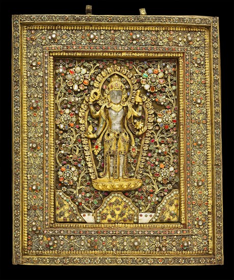 Votive Plaque with God Vishnu, 19th century, Nepal, Kathmandu Valley, Kathmandu Valley, Gilt bronze with ivory, semiprecious stones, crystal, and glass, 51 × 41.5 × 5.9 cm (20 1/8 × 16 3/8 × 2 3/8 in.)