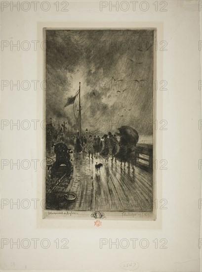 Disembarkation in England, 1879, Félix Hilaire Buhot, French, 1847-1898, France, Etching, roulette and aquatint on ivory laid paper, 302 × 170 mm (image/plate), 425 × 314 mm (sheet)