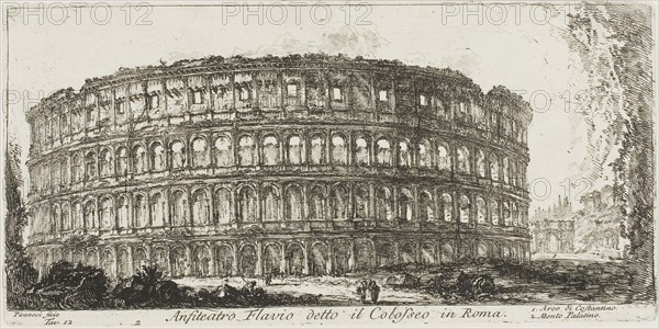 Flavian ampitheater, called the Colosseum. 1. Arch of Constantine. 2. Palatine Hill, plate 12 from Some Views of Triumphal Arches and other Monuments, 1748, Giovanni Battista Piranesi, Italian, 1720-1778, Italy, Etching on ivory laid paper, 126 x 269 mm (image), 134 x 271 mm (plate), 341 x 461 mm (sheet)