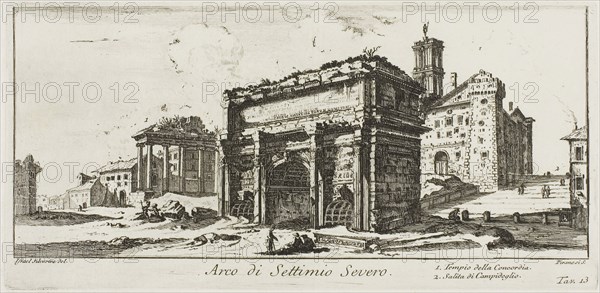Arch of Septimius Severus. 1. Temple of Concord. 2. Ascent to the Capitoline Hill, plate 13 from Some Views of Triumphal Arches and other Monuments, 1748, Giovanni Battista Piranesi, Italian, 1720-1778, Italy, Etching on ivory laid paper, 108 x 245 mm (image), 124 x 253 mm (plate), 341 x 452 mm (sheet)
