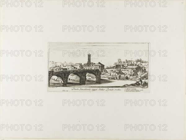 Senatorial Bridge, Today called the Ponte Rotto [Broken Bridge]. 1. Temple of Vesta. 2. Temple of Fortuna Virilis. 3. Part of the ancient Palatine, plate 14 from Some Views of Triumphal Arches and other Monuments, 1748, Giovanni Battista Piranesi, Italian, 1720-1778, Italy, Etching on ivory laid paper, 124 x 252 mm (plate), 341 x 453 mm (sheet)