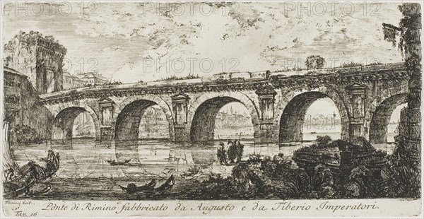 The Bridge at Rimini built by the Emperors Augustus and Tiberius, plate 16 from Some Views of Triumphal Arches and other monuments, 1748, Giovanni Battista Piranesi, Italian, 1720-1778, Italy, Etching on ivory laid paper, 124 x 261 mm (image), 134 x 261 mm (plate), 345 x 465 mm (sheet)