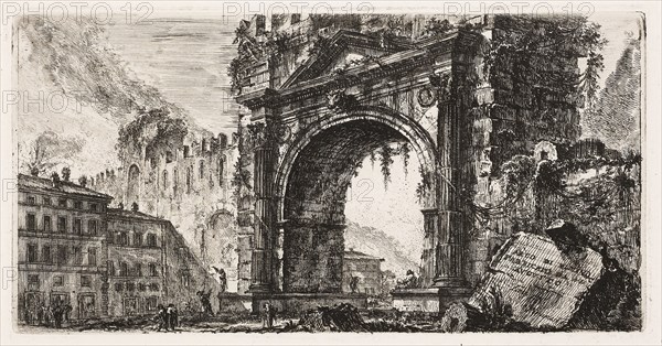 The Arch at Rimini built by Augustus, plate 17 from Some Views of Triumphal Arches and other monuments, 1748, Giovanni Battista Piranesi, Italian, 1720-1778, Italy, Etching on ivory laid paper, 134 x 260 mm (image), 134 x 264 mm (plate), 343 x 455 mm (sheet)