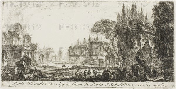 Part of the ancient Appian Way about three miles outside Porta S. Sebastiano, plate 19 from Some Views of Triumphal Arches and other monuments, 1748, Giovanni Battista Piranesi, Italian, 1720-1778, Italy, Etching on ivory laid paper, 125 x 268 mm (image), 135 x 268 mm (plate), 340 x 467 mm (sheet)