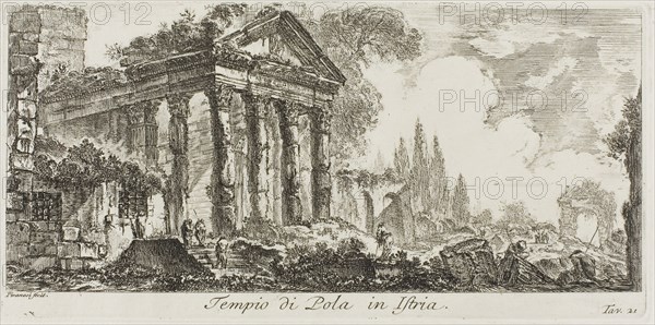 Temple of Pola in Istria, plate 21 from Some Views of Triumphal Arches and other monuments, 1748, Giovanni Battista Piranesi, Italian, 1720-1778, Italy, Etching on ivory laid paper, 115 x 250 mm (image), 125 x 255 mm (plate), 345 x 467 mm (sheet)