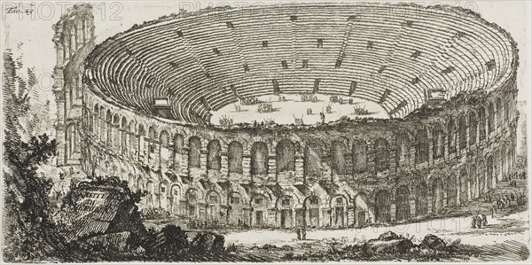 Ampitheater of Verona, plate 25 from Some Views of Triumphal Arches and other monuments, 1748, Giovanni Battista Piranesi, Italian, 1720-1778, Italy, Etching on ivory laid paper, 129 x 260 mm (plate), 342 x 458 mm (sheet)