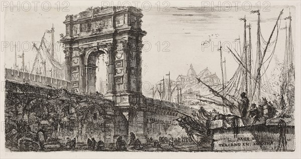 Arch of Trajan in Ancona, plate 28 from Some Views of Triumphal Arches and other monuments, 1748, Giovanni Battista Piranesi, Italian, 1720-1778, Italy, Etching on ivory laid paper, 135 x 268 mm (plate), 340 x 455 mm (sheet)