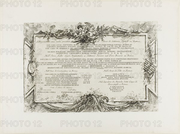 Transcription of various ancient Latin inscriptions, from Some Views of Triumphal Arches and other monuments, 1748, Giovanni Battista Piranesi, Italian, 1720-1778, Italy, Etching on ivory laid paper, 238 x 354 mm (plate), 347 x 467 mm (sheet)