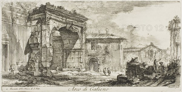 Arch of Galienus. I. Facade of the Church of S. Vito, plate 29 from Some Views of Triumphal Arches and other monuments, 1748, Giovanni Battista Piranesi, Italian, 1720-1778, Italy, Etching on ivory laid paper, 127 x 265 mm (image), 135 x 265 mm (plate), 340 x 455 mm (sheet)