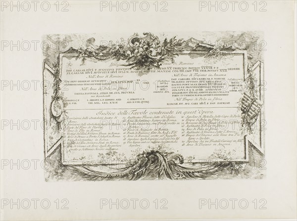 Transription of Ancient Latin Inscriptions and Index, from Some Views of Triumphal Arches and other monuments, 1748, Giovanni Battista Piranesi, Italian, 1720-1778, Italy, Etching on ivory laid paper, 238 x 355 mm (plate), 349 x 472 mm (sheet)