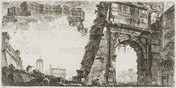 1. Arch of Titus. 2. Villa Farnese. 3. Columns of the Temple of Jupiter Stator [the Supporter]. 4. Arch of Septimius Severus. 5. Temple of Peace, plate six from Some Views of Triumphal Arches and other Monuments, 1748, Giovanni Battista Piranesi, Italian, 1720-1778, Italy, Etching on ivory laid paper, 130 x 265 mm (plate), 344 x 465 mm (sheet)