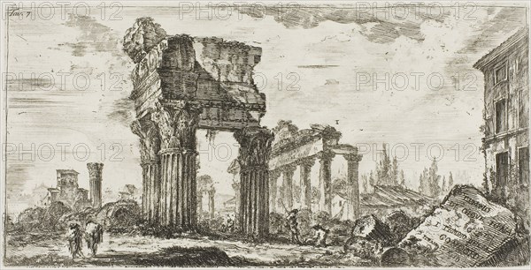 Temple of Jupiter Tonans [Jupiter the Thunderer]. 1. Temple of Concord, plate 7 from Some Views of Triumphal Arches and other Monuments, 1748, Giovanni Battista Piranesi, Italian, 1720-1778, Italy, Etching on ivory laid paper, 131 x 264 mm (plate), 345 x 465 mm (sheet)