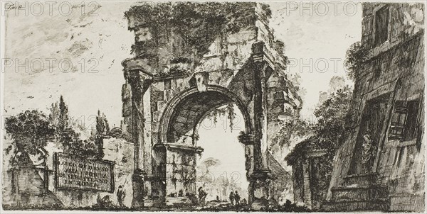 Arch of Drusus at the Porta S. Sebastiano in Rome, plate 8 from Some Views of Triumphal Arches and other monuments, 1748, Giovanni Battista Piranesi, Italian, 1720-1778, Italy, Etching on ivory laid paper, 132 x 265 mm (plate), 348 x 465 mm (sheet)