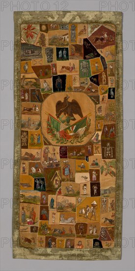 Hanging, 1876/1900, Mexico and/or United States, Pieced, painted and embroidered quilt, silk and cotton velvet weaves, silk embroidery threads, metal, silk and cotton cord, 208 x 92.1 cm (81 7/8 x 36 1/4 in.)
