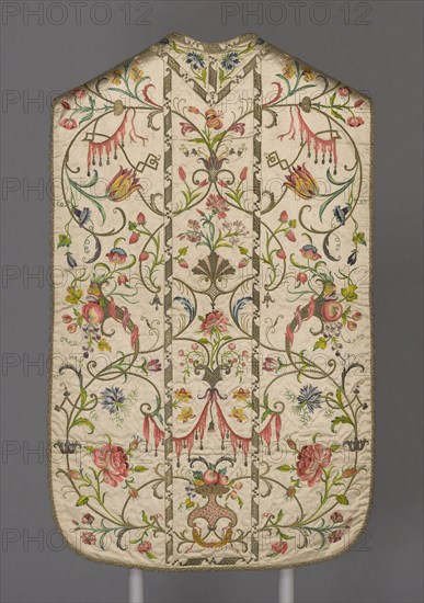 Chasuble, 1740/50, Italy, Piemonte, Italy, Silk, warp-float faced 7:1 satin weave, embroidered with silk and gilt- and silvered-metal-strip-wrapped silk in satin and split stitches, laid work, couching, and padded couching, lined with silk, plain weave, underlining with linen, plain weave, edged with gilt-metal-strip-wrapped silk, bobbin lace, 108.3 x 66.5 cm (42 5/8 x 26 1/8 in.)