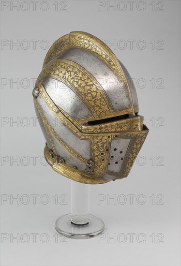 Close Helmet for Foot Tourney at the Barriers, c. 1575, Italian, Milan, Milan, Steel with gilding, iron, brass, leather, and velvet weave, Wt. 9 lb. 10 oz.