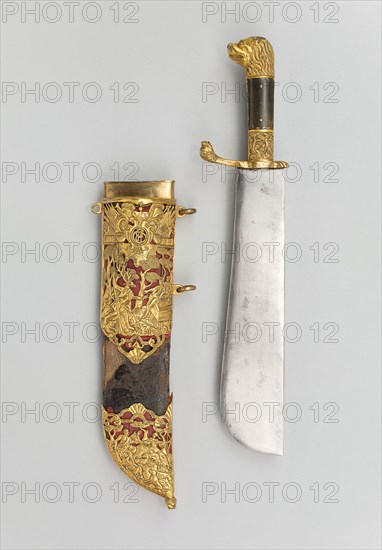 Hunting Cleaver (Waidpraxe) of Ernst August II Konstantin, Duke of Saxe-Weimar-Eisenach, 1755/58, German, Germany, Steel, bronze, gilding, horn, wood, leather, and silk, Cleaver: Overall L. 36.2 cm (14 1/4 in.)