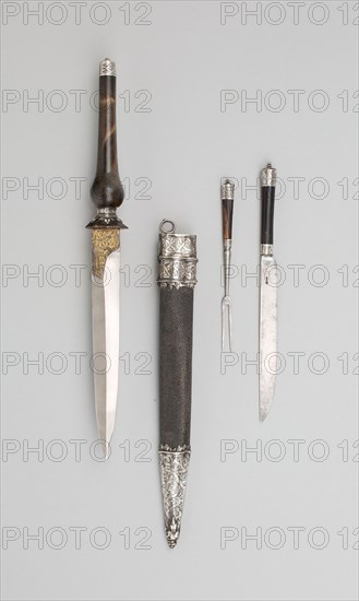 Hunting Plug Bayonet with Eating Utensils, 1800/1900, German, Saxony, Germany, Horn, silver, gold, and sharkskin (sheath), L. 30.2 cm (11 7/8 in.)